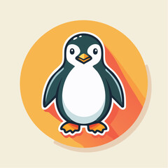 Cartoon penguin with orange circle background and long shadow, cute and friendly.