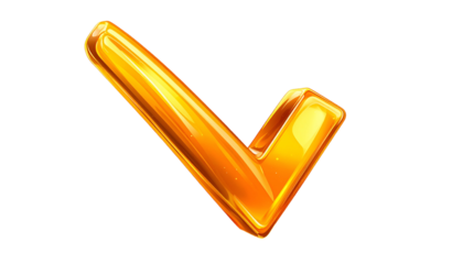 A 3D render of a golden, glossy checkmark, illuminated with highlights on a black background, suggesting approval and success
