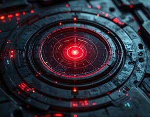 Close-up of a futuristic circular panel with glowing red lights forming a target-like design. Intricate mechanical details
