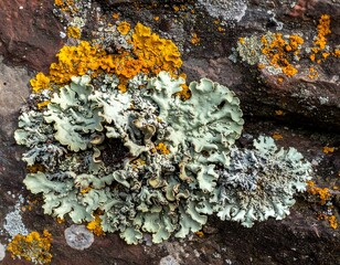 Close-up of a rock surface with vibrant lichen formations in shades of green, yellow, and orange, creating a textured pattern