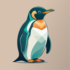 Stylized illustration of a penguin with geometric shapes and vibrant colors on a beige background.