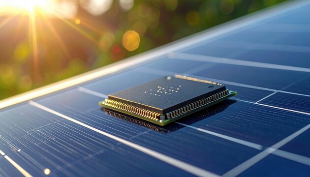 A detailed microchip rests on a solar panel, symbolizing the fusion of renewable energy and advanced technology - Powered by Adobe