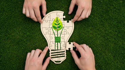 Teamwork assembling jigsaw puzzle with lightbulb and green leaf on grass