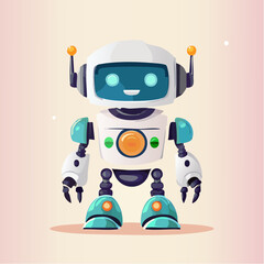 Cartoon robot with a friendly face and teal accents on a light background.