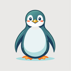 Cartoon penguin with a white belly and orange feet standing on a light blue surface.