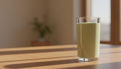 A tall glass of refreshing green beverage sits on a wooden table, illuminated by soft sunlight