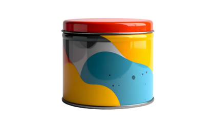 A cylindrical container with a bright red lid and colorful abstract design wrapped around its body, isolated on black