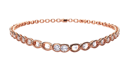A delicate, rose-gold bracelet featuring oval-cut gemstones set in individual bezels, strung together by interconnected links, on a black background