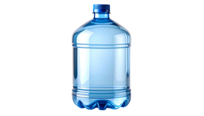 A large, translucent blue plastic container filled with clear liquid. It has a blue cap and a ridged base. The background is black
