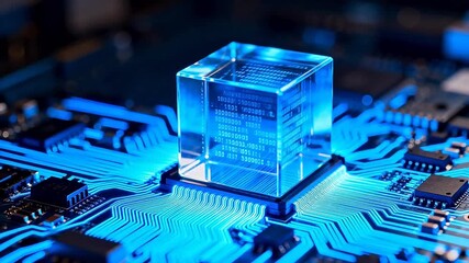 Crystal cube with binary code on circuit board - Powered by Adobe