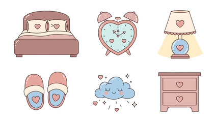 Dreamy Bedroom Essentials: An ensemble of essential bedroom items, each adorned with hearts, creating a whimsical and cozy atmosphere. A visual depiction of tranquility and comfort.