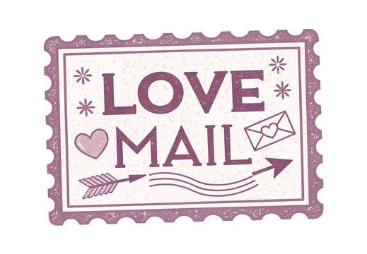 Purple vintage stamp design displaying "LOVE MAIL" text with arrow and envelope graphics, isolated on a transparent background