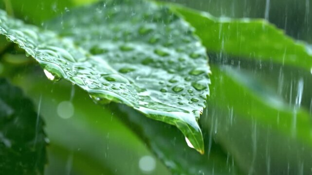 Fresh green leaf with rain droplets and flowing water close up macro plant wet texture water droplet rain water droplet forming leaf tip wet surface texture fresh foliage outdoor nature scene close