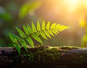 Close-up of a vibrant green fern leaf illuminated by sunlight, resting on a moss-covered log. The background is blurred