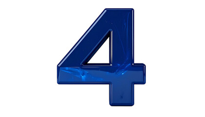 A single, glossy, blue numeral "4" floats against a deep black background. The number appears transparent with light streaks inside