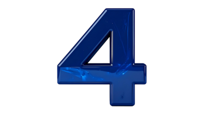 A single, glossy, blue numeral "4" floats against a deep black background. The number appears transparent with light streaks inside