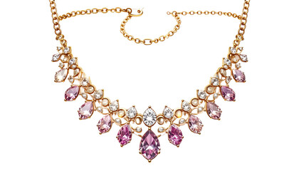 Obraz premium A stunning digitally rendered necklace featuring a delicate gold chain, adorned with glistening pink gems and clear crystals. The gems are teardrop-shaped