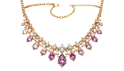 A stunning digitally rendered necklace featuring a delicate gold chain, adorned with glistening pink gems and clear crystals. The gems are teardrop-shaped