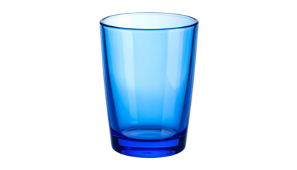 A tall, empty glass with a vibrant blue hue. The glass is transparent, with a slight gradient of blue. Isolated against black