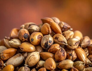 Close-up of a pile of small, brown seeds. A blurred brown background fills the shot. Soft light hits the seeds