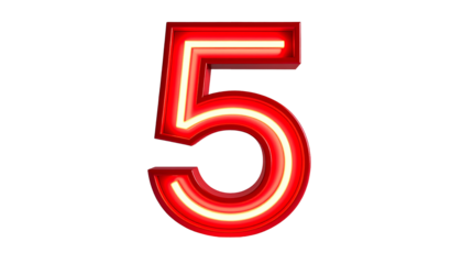 A vibrant, glowing number five, rendered in a bold, neon-like style. The digit is a deep red, with an internal, radiating light