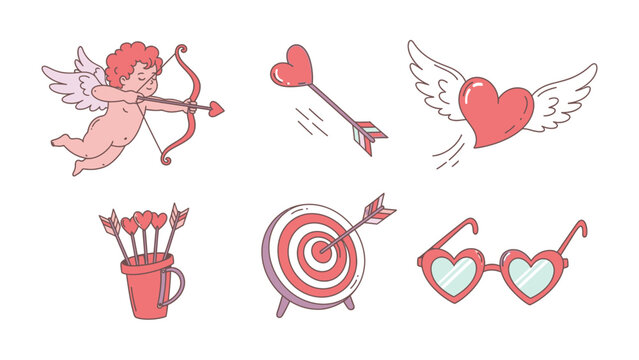 Valentine's Day Icon Set: A collection of charming Valentine's Day icons, featuring a cupid aiming his bow, a heart-tipped arrow in flight, a winged heart, a quiver of arrows, a bullseye.