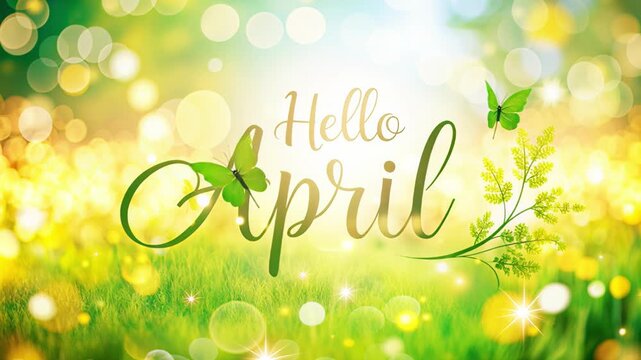 Bright hello april lettering over green meadow with bokeh and butterflies, sunlight on grass in foreground and soft glow in background, cheerful seasonal greeting atmosphere