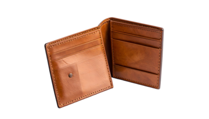 An opened leather wallet with multiple card slots and a clear ID holder, displayed on a black background
