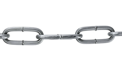 Close-up of a portion of a metal chain against a black background. The links are silver, textured, and slightly worn