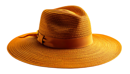 A close-up shot of a woven sun hat with a wide brim, featuring a band around the crown. The hat casts a shadow on the dark background