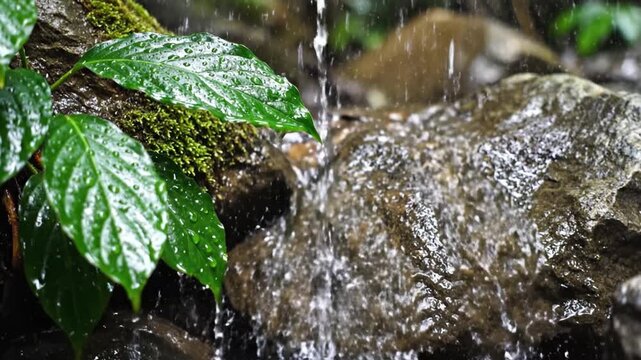 Lush green leaf water droplet on mossy rock by flowing stream in rainforest wet cascade nature scene with fresh raindrop and falling water near stream