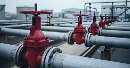 Pipelines With Red Valves Leading to Industrial Plant With Storage Tanks