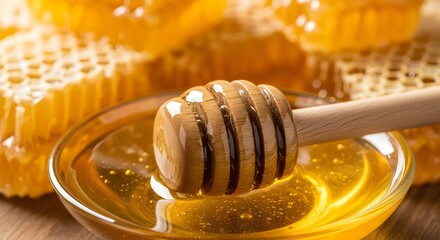 Golden Honey Dripping from a Wooden Spoon into a Glass Bowl with Honeycombs