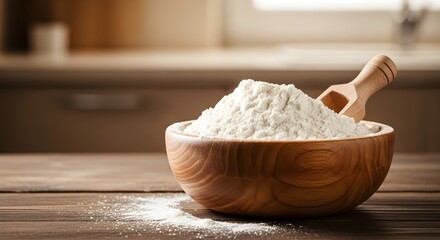 Wooden Bowl Full of Flour on Table Ready for Baking in the Kitchen