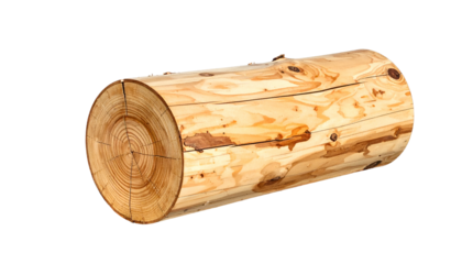 A close-up view presents a cross-section of a wooden log, showcasing the detailed patterns of growth rings. The wooden surface displays natural texture