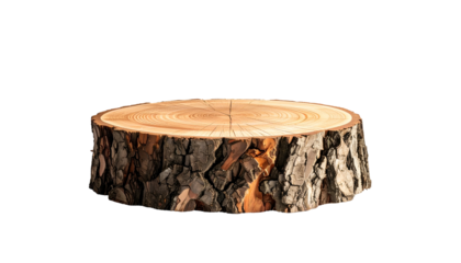 A close-up view presents a cross-section of a tree trunk, showcasing its growth rings, rough bark, and natural texture against a black backdrop