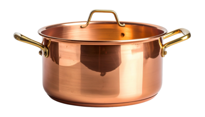 Close-up studio shot of a copper pot with handles and lid. The shiny cookware is against a black background