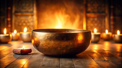 Large metallic Tibetan singing bowl on wooden surface surrounded by lit candles and warm firelight. Wellness, meditation, sound healing, and relaxation.