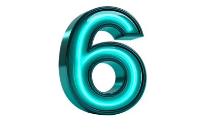 A luminous, three-dimensional number six. It has a glossy, metallic exterior and a glowing teal-colored interior that highlights the shape