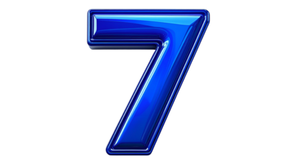 Glossy, metallic number "7" in royal blue, rendered in 3D, stands against a stark black background. It appears shiny, reflecting light