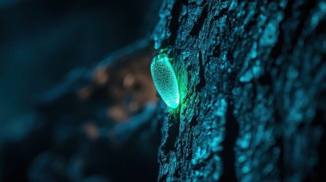 A close-up of a single glowworm emitting a bright greenish-blue light as it rests on a tree bark at night