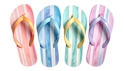 Four pairs of striped flip-flops, each a different pastel color, arranged side-by-side