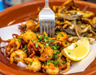 Close-up of a rustic dish filled with crispy, fried seafood including tiny octopuses, fish, and a lemon wedge, garnished with herbs