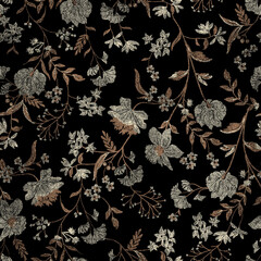 fall beautiful beige on black connecting two way seamless leafy floral print pattern artwork for textile and home furnishings