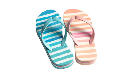 Two pairs of brightly striped flip-flops, blue and peach, overlapping on a black background