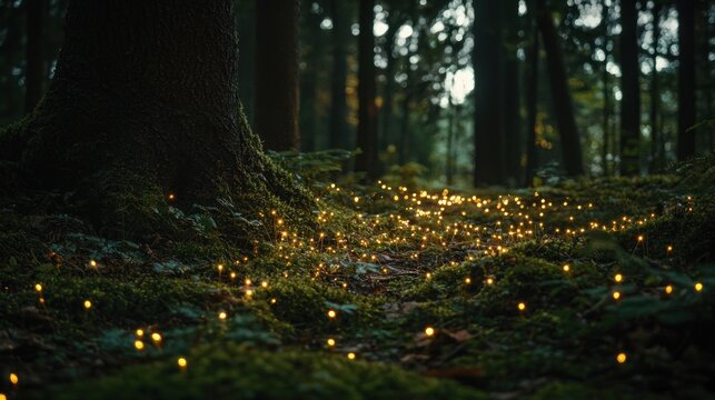 A dark forest floor softly illuminated by dozens of tiny glowing glowworms scattered among moss and leaves