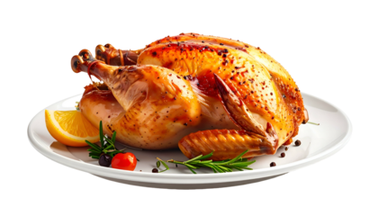 A roasted fowl, glistening and golden, rests on a white plate, adorned with a slice of citrus, herbs, and peppercorns