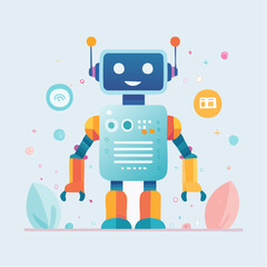Cartoon robot with a square head and orange accents standing on a light blue background.