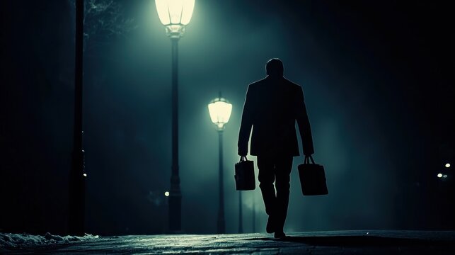 A dramatic silhouette of a kidnapper holding a briefcase or bag, walking away under street lamps at night