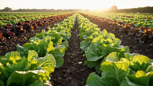 Lush green lettuce vegetable farm crop row sunrise morning light fresh green lettuce rows sunlight morning vegetable farm field with soil pathways creating depth and warm atmosphere green lettuce